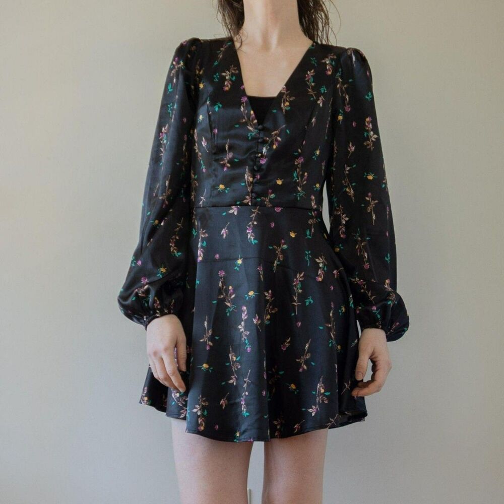 AFRM Black Satin Floral Fit Flare Balloon Sleeve Summer Mini Dress